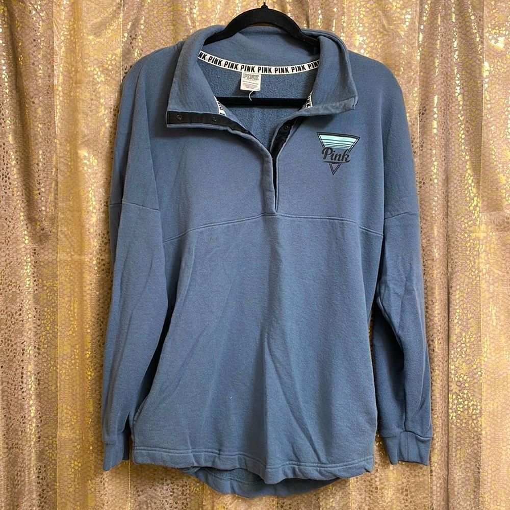 PINK Victoria’s Secret blue/gray pullover sweater, size XS, shoulder logos